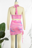 Pink Sexy Print Hollowed Out Backless Halter Sleeveless Two Pieces