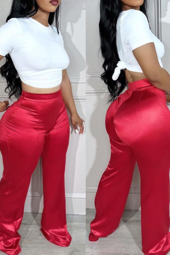 Red Casual Solid Patchwork Regular Mid Waist Straight Solid Color Bottoms