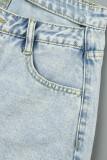 Baby Blue Casual Solid Patchwork High Waist Regular Denim Shorts (Subject To The Actual Object )
