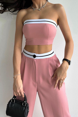Pink Casual Solid Patchwork Strapless Sleeveless Two Pieces