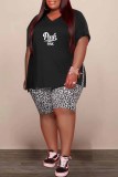 Red Casual Print Slit Letter V Neck Plus Size Two Pieces