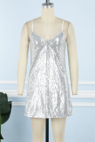 Silver Sexy Solid Sequins Patchwork Backless V Neck Sling Dress Dresses