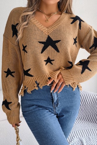 Khaki Casual The stars Contrast V Neck Tops