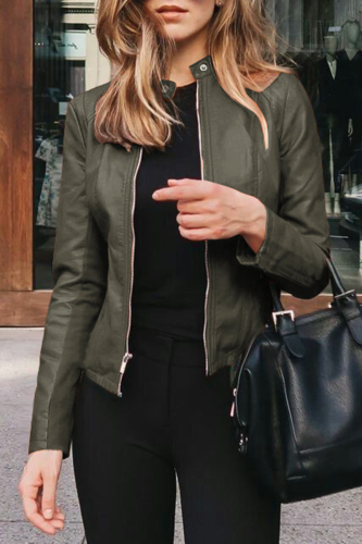 Army Green Street Elegant Solid Patchwork Zipper Mandarin Collar Outerwear