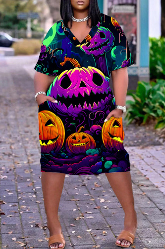 Purple Halloween Pumpkin Ghost Bat Print Deep V Neck Short Sleeve Loose T Shirt Midi Dress
