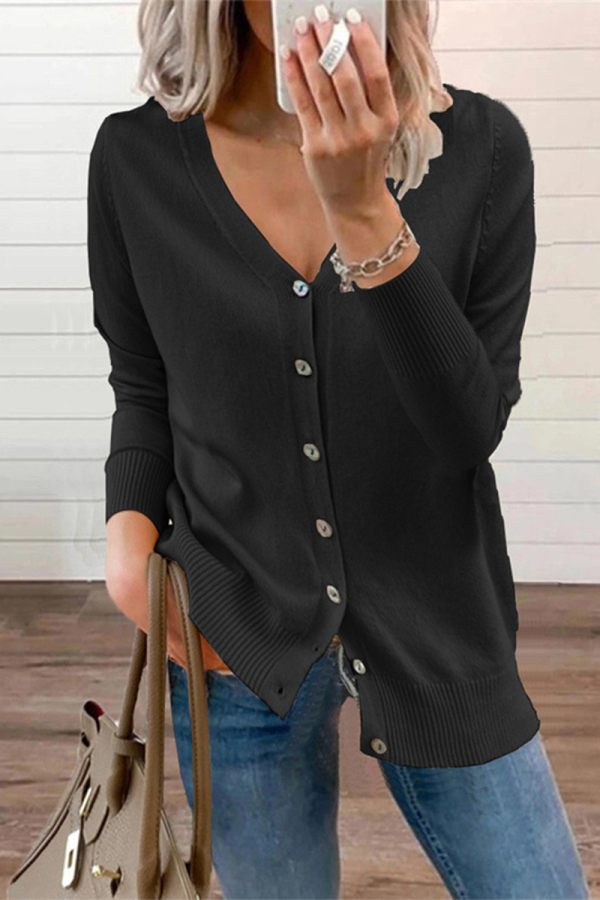 Black Elegant Solid Buttons V Neck Outerwear