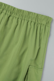 Matcha Green Street Solid Patchwork Draw String Pocket Fold Regular Mid Waist Straight Solid Color Bottoms