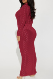 Red Sexy Plaid See-through Turtleneck Long Sleeve Dresses