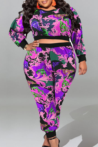 Purple Casual Sweet Print Patchwork O Neck Plus Size Two Pieces