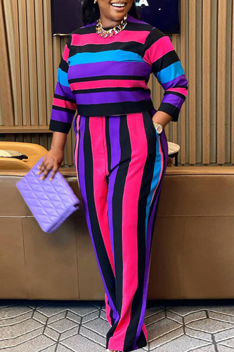 Red Casual Sweet Striped Patchwork Pocket Contrast O Neck Plus Size Two Pieces