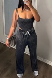 Dark Gray Sexy Casual Solid Backless Spaghetti Strap Sleeveless Two Pieces