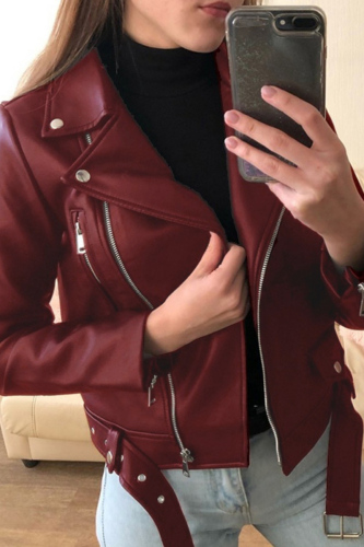 Red Casual Solid Patchwork Cardigan Turndown Collar Outerwear