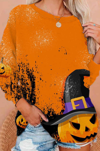 Orange Casual Print Basic O Neck Tops