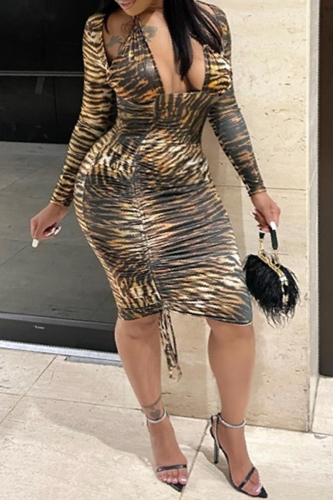 Brown Sexy Casual Animal Print Print Patchwork Frenulum Long Sleeve Dresses