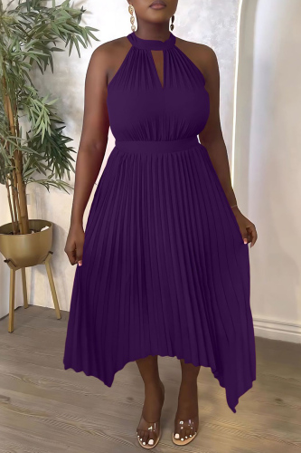 Purple Casual Solid Hollowed Out Asymmetrical O Neck Pleated Dresses