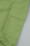 Matcha Green Street Solid Patchwork Draw String Pocket Fold Regular Mid Waist Straight Solid Color Bottoms
