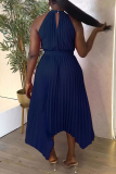 Deep Blue Casual Solid Hollowed Out Asymmetrical O Neck Pleated Dresses
