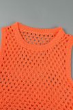 Orange Casual Solid Hollowed Out O Neck Sleeveless Two Pieces