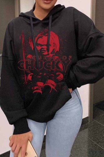 Black Casual Print Letter Hooded Collar Tops