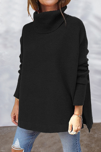Black Casual Solid Slit Turtleneck Tops