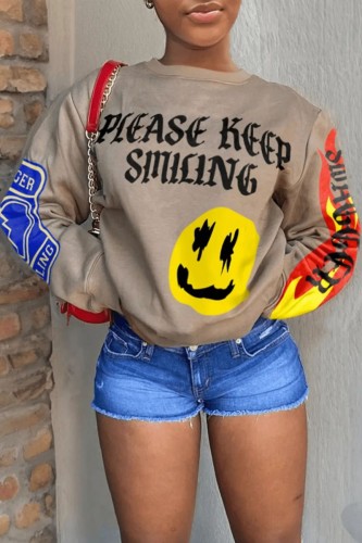 Khaki Casual Print Basic O Neck Tops (Subject To The Actual Object)