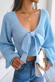 Blue Sexy Solid With Bow V Neck Tops