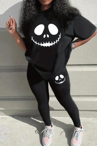 Black Casual Print Basic O Neck Short Sleeve Two Pieces