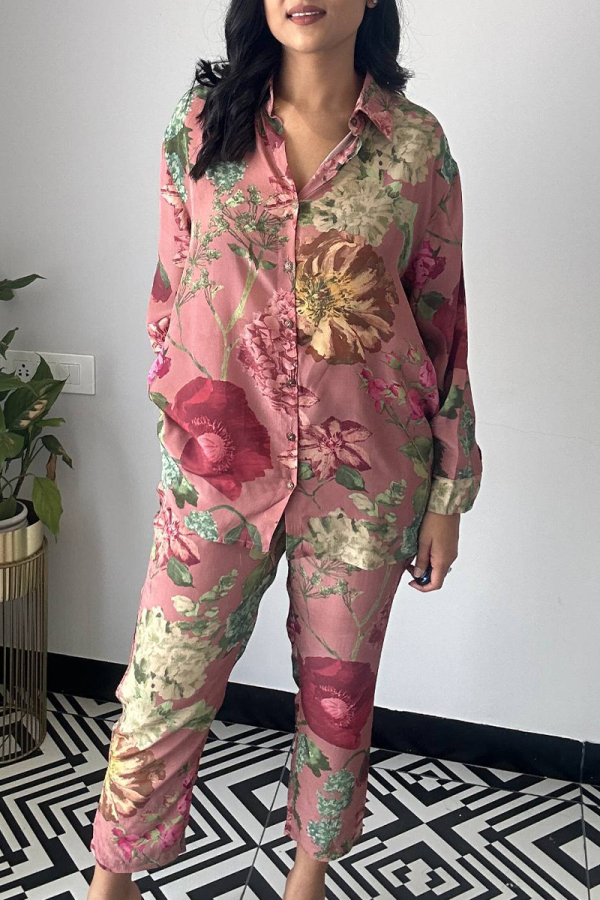 Pink Casual Floral Patchwork Turndown Collar Long Sleeve Two Pieces