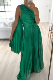 Green Sweet Elegant Solid Fold Oblique Collar A Line Dresses
