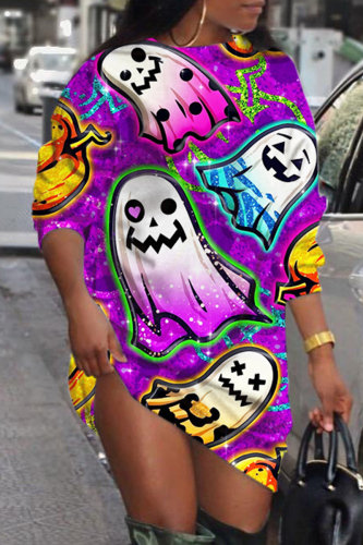 Purple Yellow Casual Print Basic O Neck Long Sleeve Short Sleeve Dress