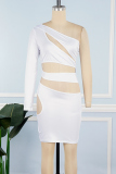 White Sexy Solid Hollowed Out Backless Oblique Collar Long Sleeve Dresses