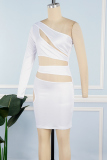 White Sexy Solid Hollowed Out Backless Oblique Collar Long Sleeve Dresses