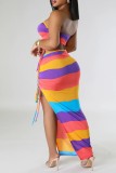 Multicolor Sexy Casual Striped Print Backless Slit Strapless Sleeveless Two Pieces