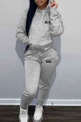 Grey Casual Letter Patchwork Draw String Pocket Hooded Collar Long Sleeve Two Pieces