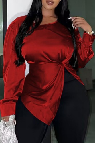 Red Casual Solid Slit O Neck Tops