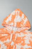 Tangerine Red Casual Tie Dye Patchwork Draw String Pocket Hooded Collar Long Sleeve Two Pieces