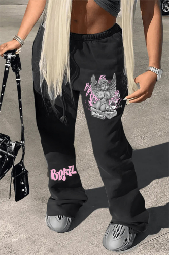 Black Street Print Patchwork Straight Mid Waist Straight Positioning Print Bottoms