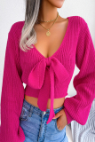 Rose Red Sexy Solid With Bow V Neck Tops