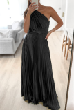 Black Sweet Elegant Solid Fold Oblique Collar A Line Dresses