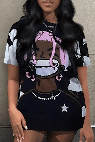 Black Casual Print Basic O Neck T-Shirts