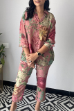 Pink Casual Floral Patchwork Turndown Collar Long Sleeve Two Pieces
