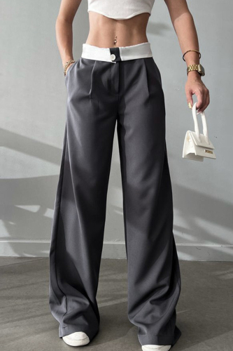 Grey Casual Street Solid Fold Contrast Loose High Waist Wide Leg Patchwork Bottoms