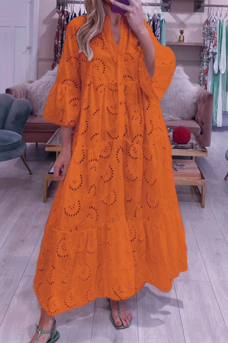 Tangerine Red Casual Solid Hollowed Out V Neck A Line Dresses