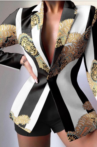Black White Casual Print Patchwork Turn-back Collar Two Pieces
