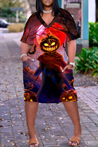 Multicolor Halloween Pumpkin Ghost Bat Print Deep V Neck Short Sleeve Loose T Shirt Midi Dress
