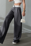 Grey Casual Street Solid Fold Contrast Loose High Waist Wide Leg Patchwork Bottoms