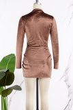 Coffee Sexy Solid Patchwork Slit Mandarin Collar Long Sleeve Two Pieces