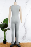 Grey Casual Sportswear Solid Patchwork V Neck Skinny Jumpsuits