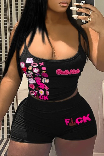 Black Casual Print Backless Spaghetti Strap Sleeveless Two Pieces
