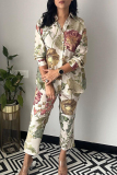 White Casual Floral Patchwork Turndown Collar Long Sleeve Two Pieces